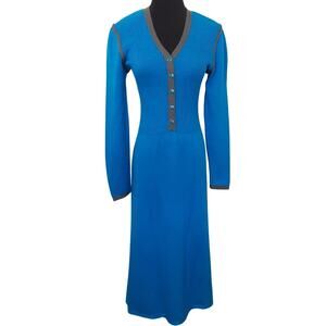 Vintage 80s Button Front Knit Midi Dress Blue Santana Knit V Neck Womens 10
